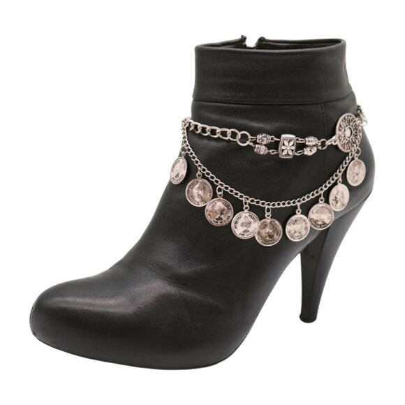 Women Silver Metal Boot Chain Bracelet Shoe Anklet Coin Wave Flower Charm SET - Picture 13 of 17